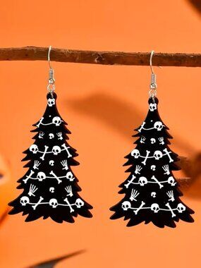 Skull & Bones Black Christmas Tree Earrings Z160